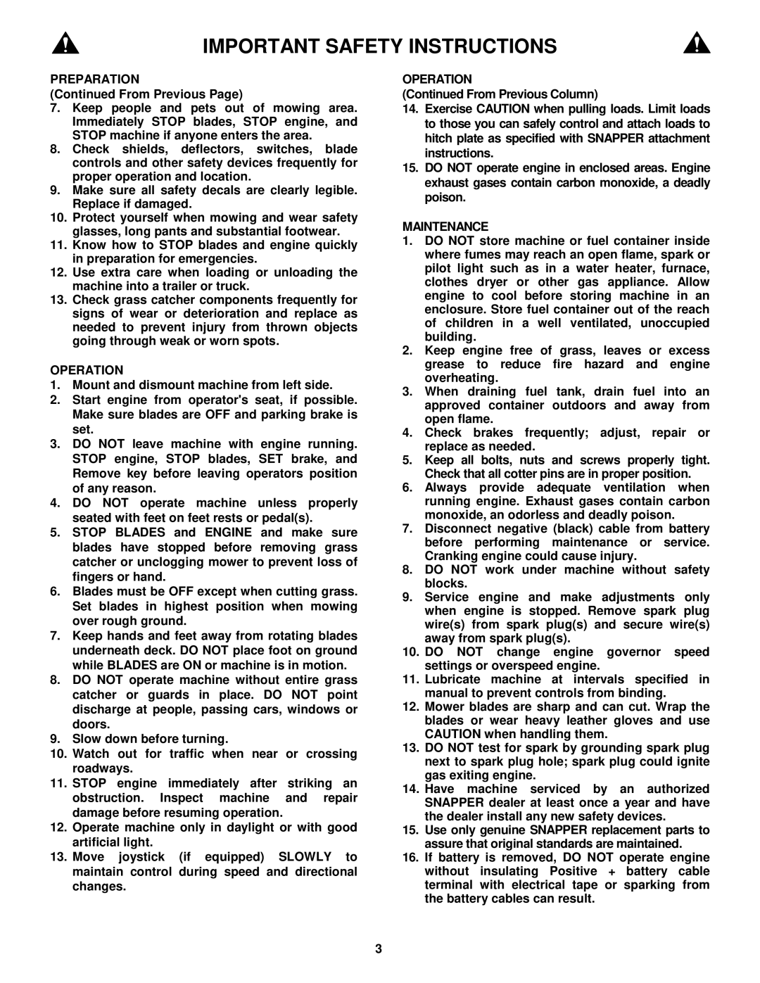 Snapper LT150H33IBV, LT150H38IBV, WLT150H38IBV, WLT170H38IBV important safety instructions Operation, Maintenance 