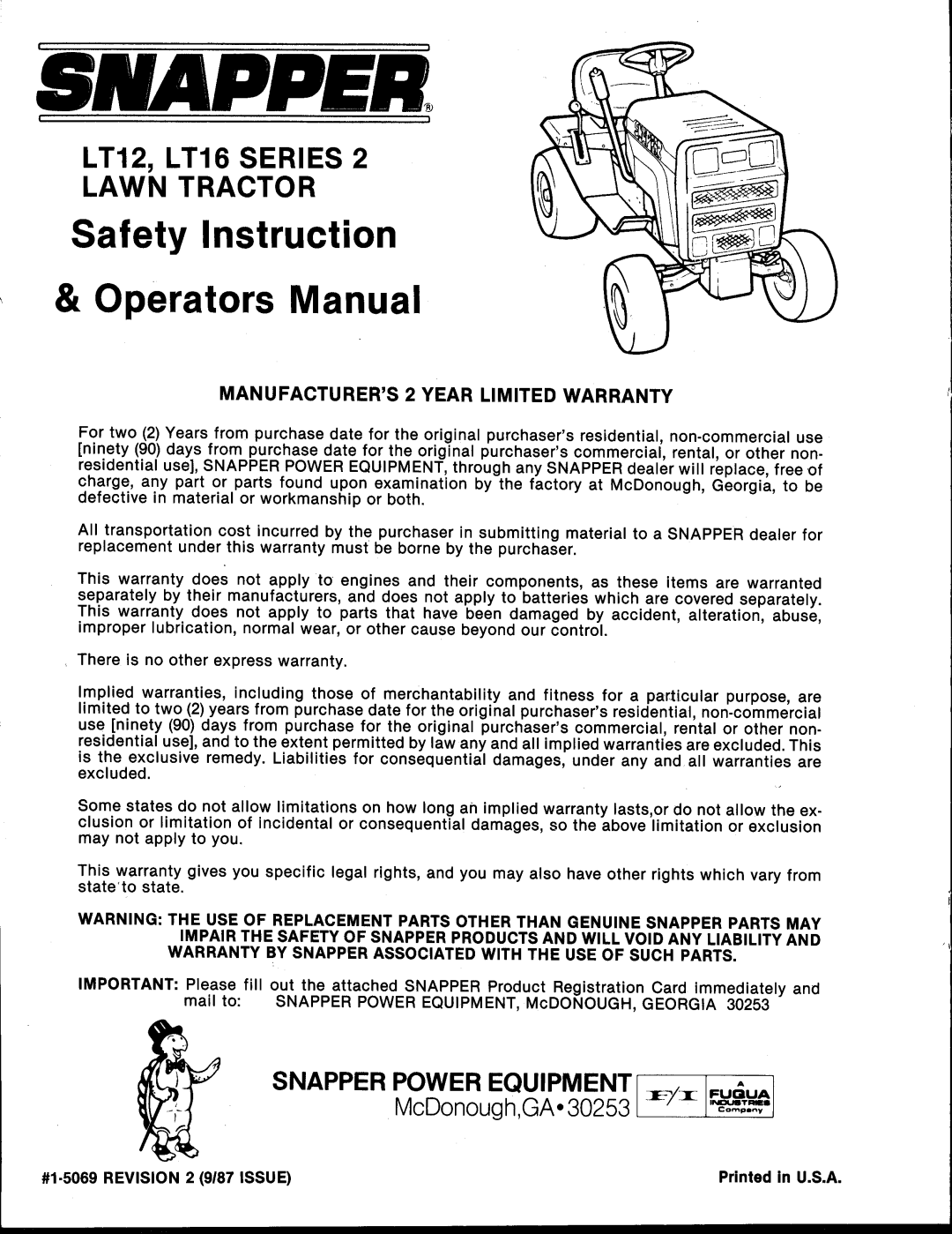 Snapper LT16 Series 2 manual 