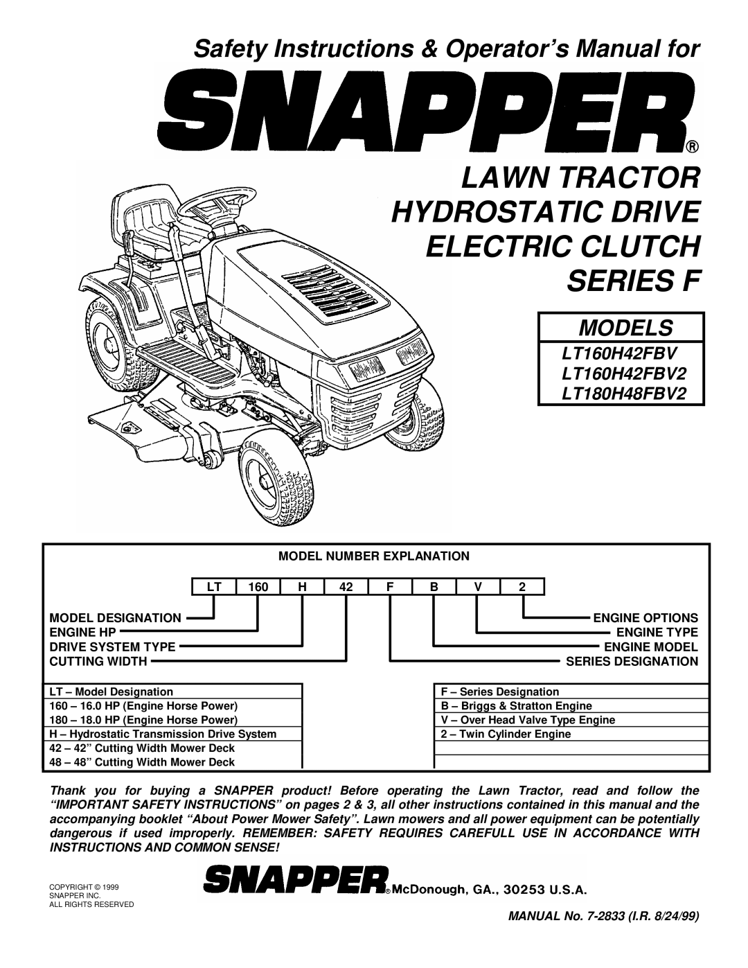 Snapper LT180H48FBV2, LT160H42FBV2 important safety instructions Model Number Explanation 