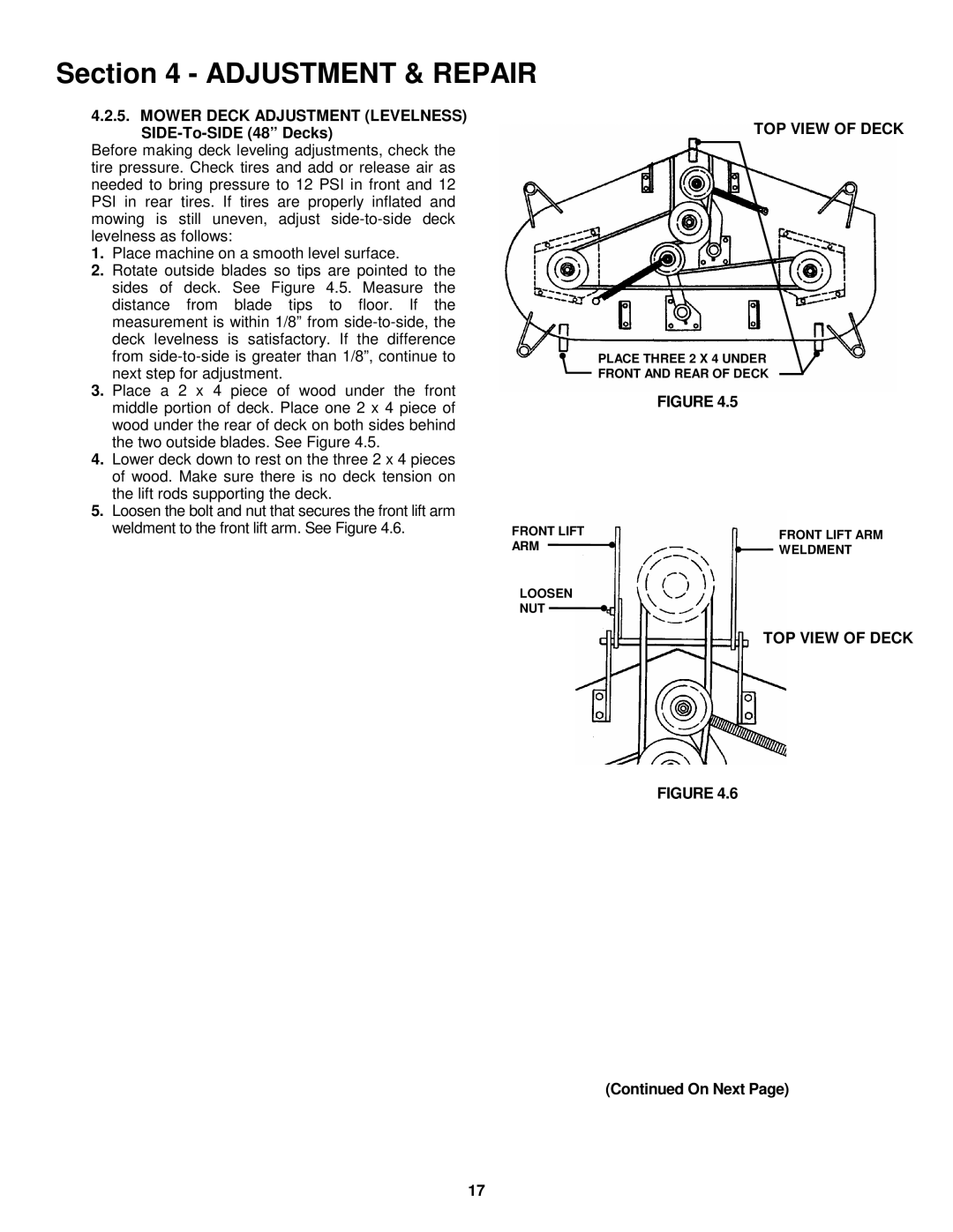 Snapper LT160H42FBV2, LT180H48FBV2 Mower Deck Adjustment Levelness SIDE-To-SIDE 48 Decks, TOP View of Deck 