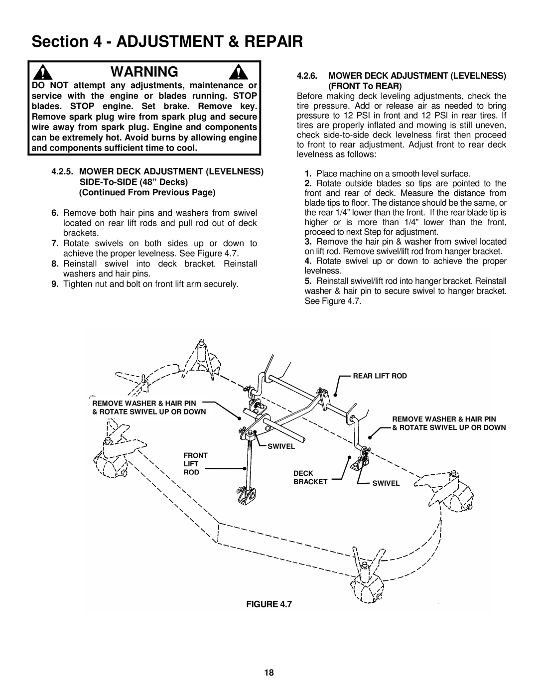 Snapper LT160H42FBV2, LT180H48FBV2 important safety instructions Mower Deck Adjustment Levelness, Front To Rear 