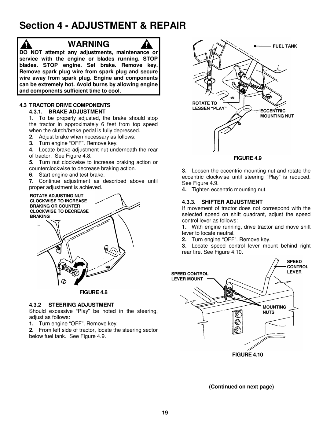 Snapper LT180H48FBV2 Tractor Drive Components 4.3.1. Brake Adjustment, Shifter Adjustment, Steering Adjustment 