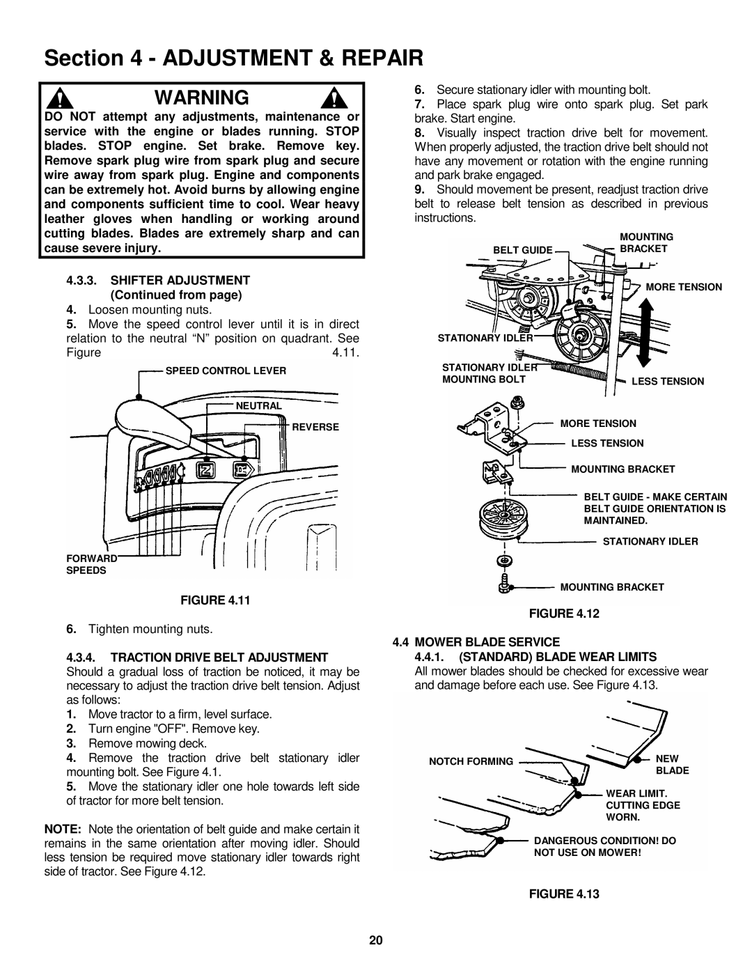 Snapper LT160H42FBV2, LT180H48FBV2 Shifter Adjustment from, Mower Blade Service Standard Blade Wear Limits 