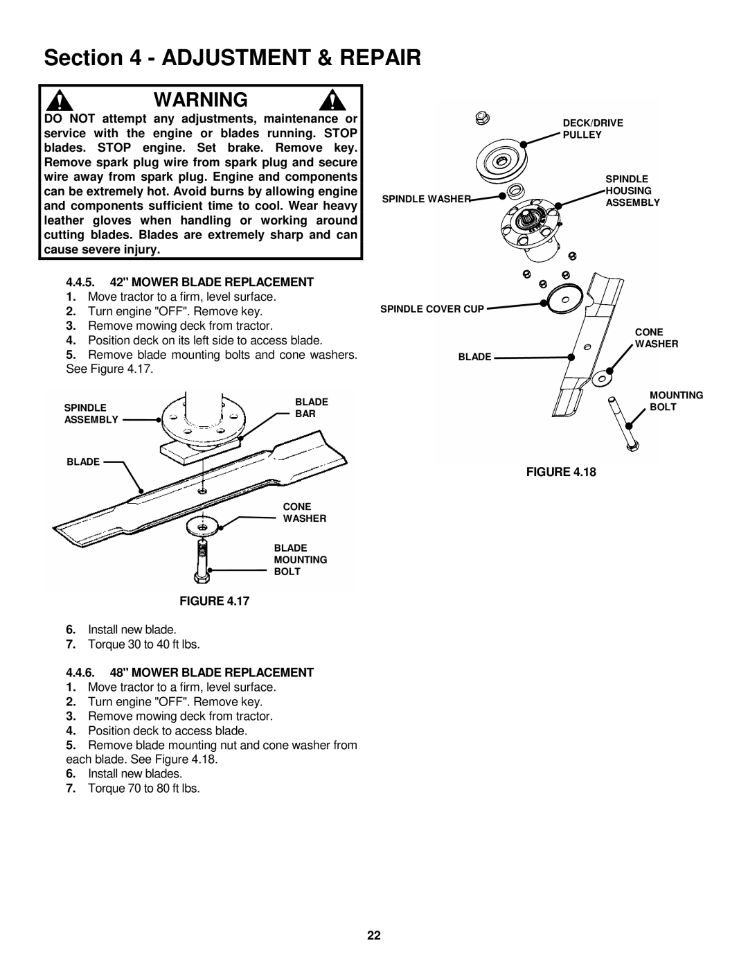 Snapper LT180H48FBV2, LT160H42FBV2 important safety instructions Mower Blade Replacement 