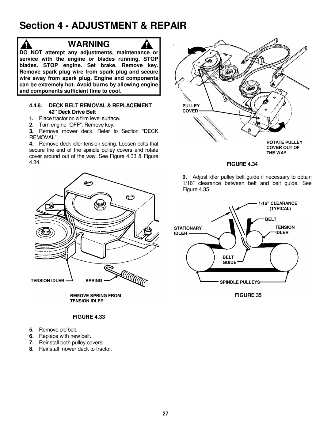 Snapper LT160H42FBV2, LT180H48FBV2 important safety instructions Tension Idler Spring Remove Spring from 