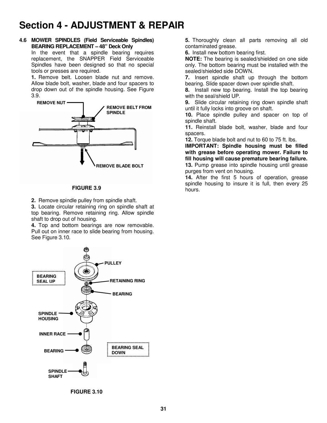 Snapper LT180H48FBV2, LT160H42FBV2 important safety instructions Remove NUT Remove Belt from Spindle Remove Blade Bolt 