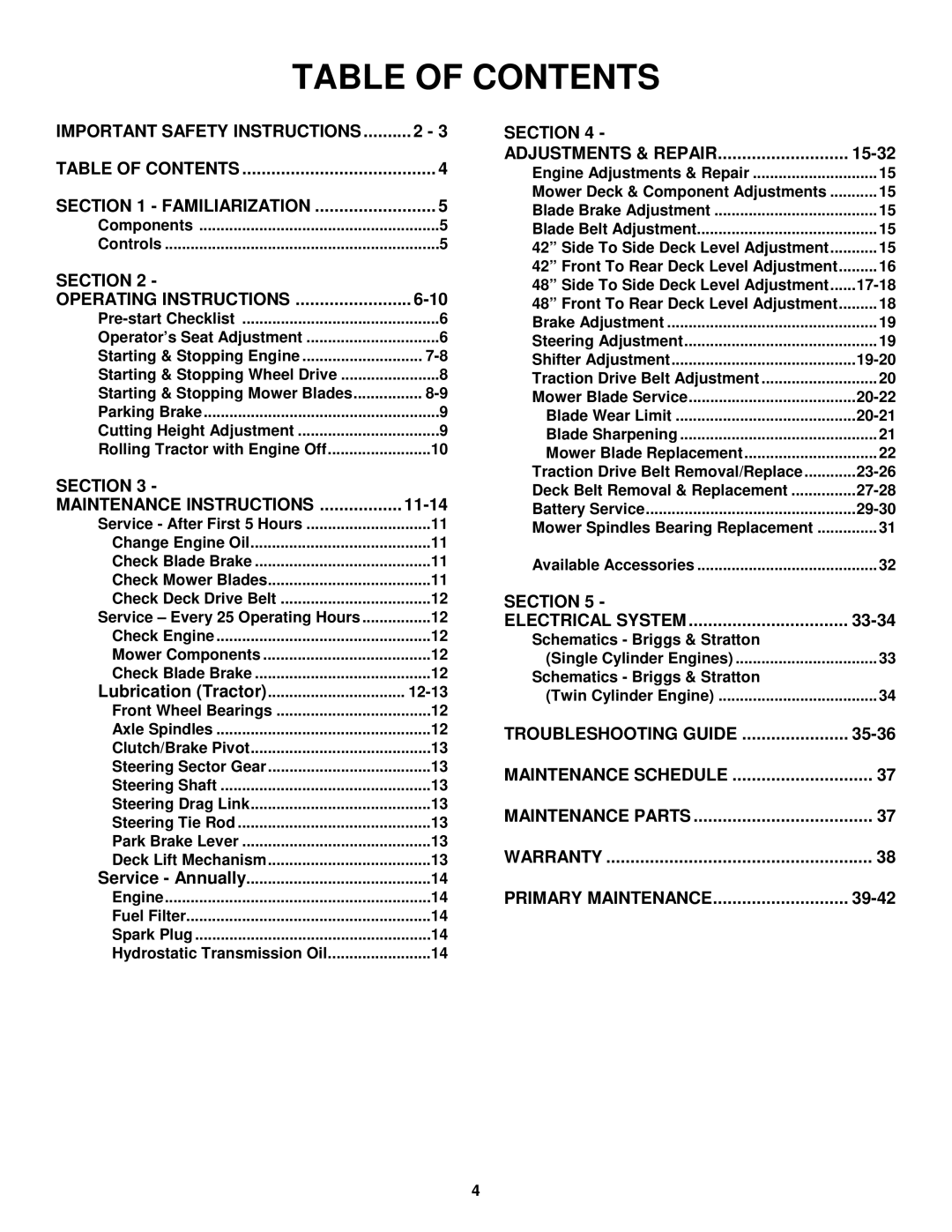 Snapper LT180H48FBV2, LT160H42FBV2 important safety instructions Table of Contents 