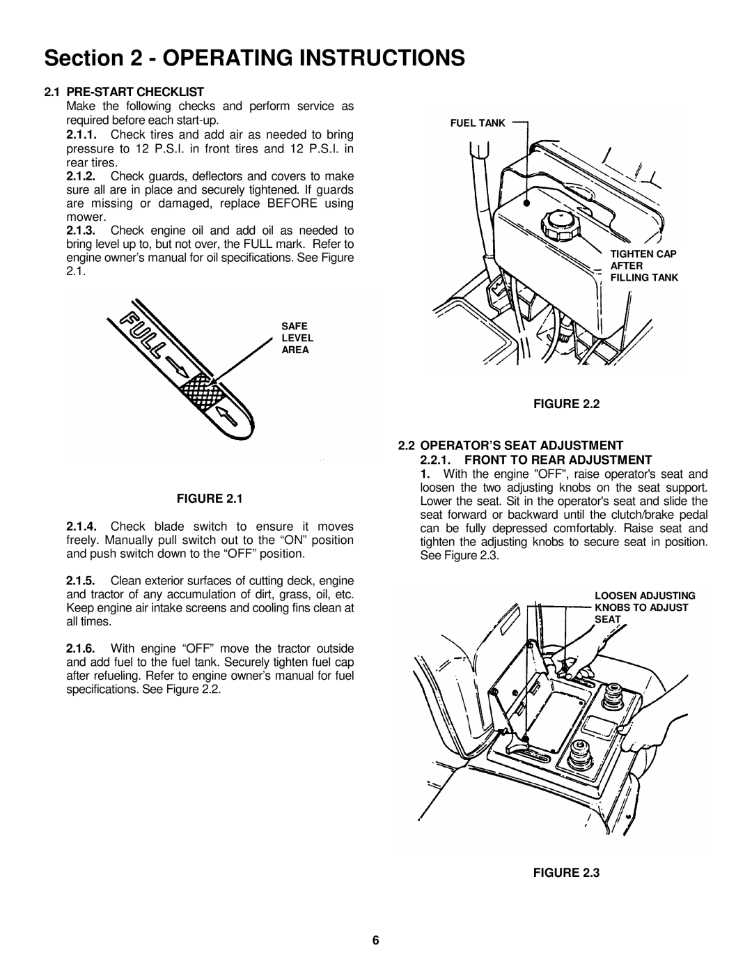 Snapper LT160H42FBV2, LT180H48FBV2 PRE-START Checklist, OPERATOR’S Seat Adjustment Front to Rear Adjustment 