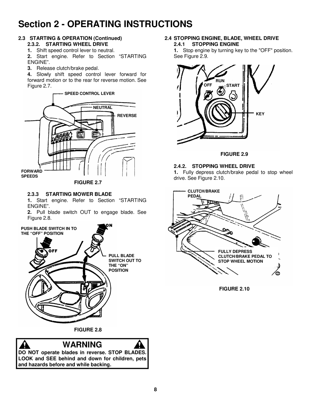 Snapper LT160H42FBV2 Starting & Operation, Starting Wheel Drive, Starting Mower Blade, Stopping Wheel Drive 