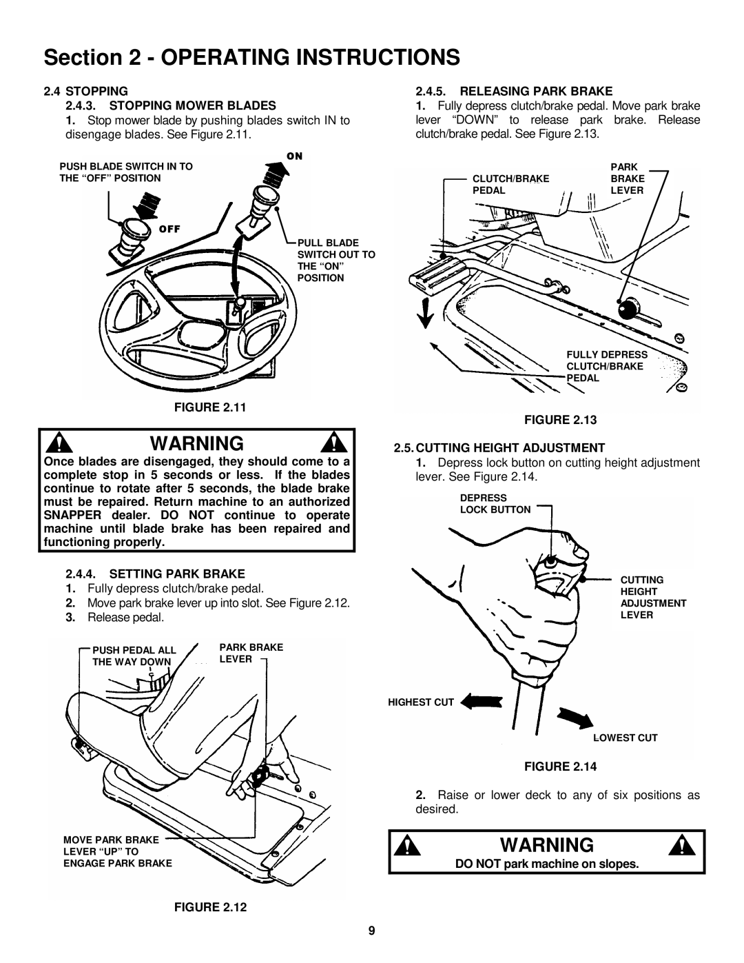 Snapper LT160H42FBV2 Stopping Stopping Mower Blades, Setting Park Brake, Releasing Park Brake, Cutting Height Adjustment 