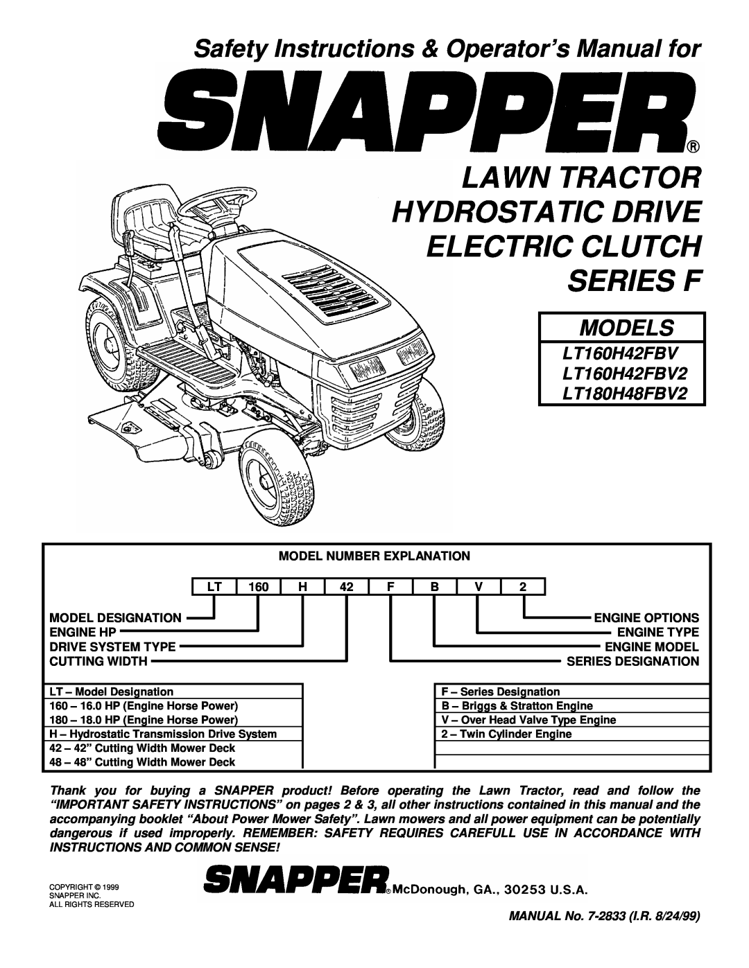 Snapper LT180H48FBV2 important safety instructions Lawn Tractor Hydrostatic Drive Electric Clutch Series F, Models 