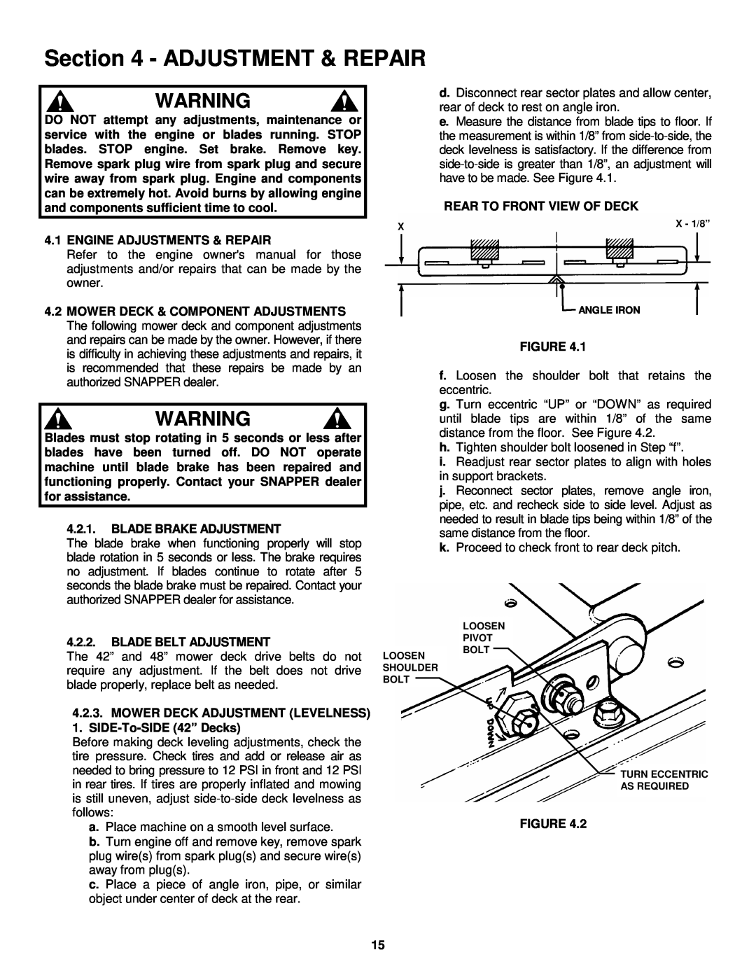 Snapper LT160H42FBV2, LT180H48FBV2 important safety instructions Adjustment & Repair 