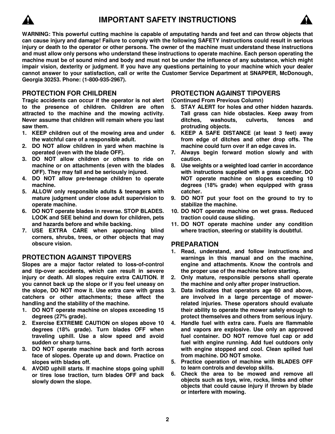 Snapper LT160H42GBV, LT160H42GBV2, LT180H48GBV2, WLT160H42GBV, WLT180H48GBV2 Important Safety Instructions 