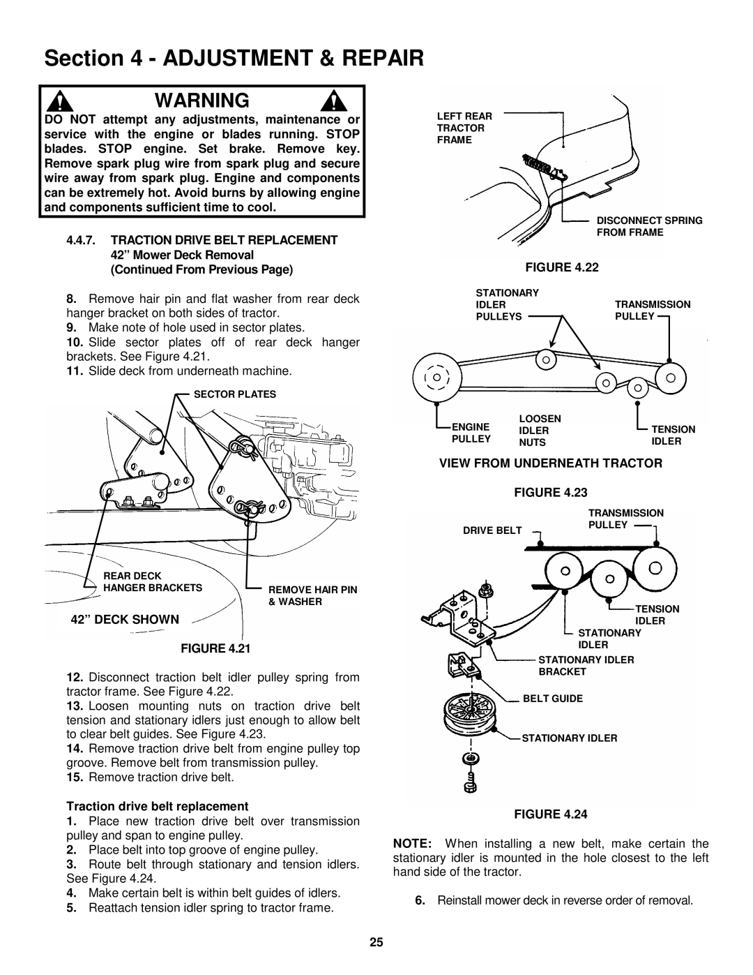 Snapper LT160H42GBV, LT160H42GBV2, LT180H48GBV2 View from Underneath Tractor, Traction drive belt replacement 