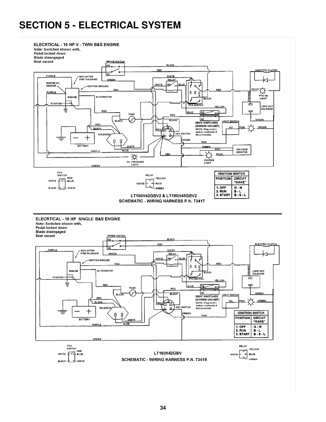 Snapper LT160H42GBV, LT160H42GBV2, LT180H48GBV2, LT160H42GBV, 2LT160H42GBV2, LT180H48GBV2 Electrical System 