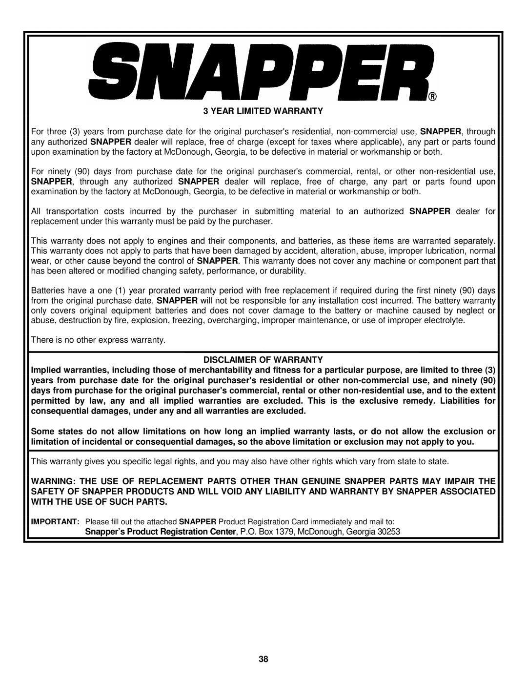 Snapper LT160H42GBV, LT160H42GBV2, LT180H48GBV2, WLT160H42GBV, WLT180H48GBV2 Year Limited Warranty, Disclaimer of Warranty 