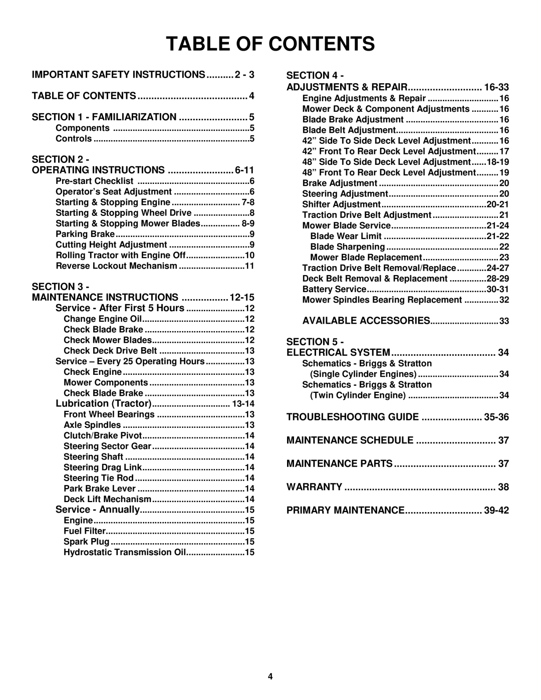 Snapper LT160H42GBV, LT160H42GBV2, LT180H48GBV2, LT160H42GBV, 2LT160H42GBV2, LT180H48GBV2 Table of Contents 