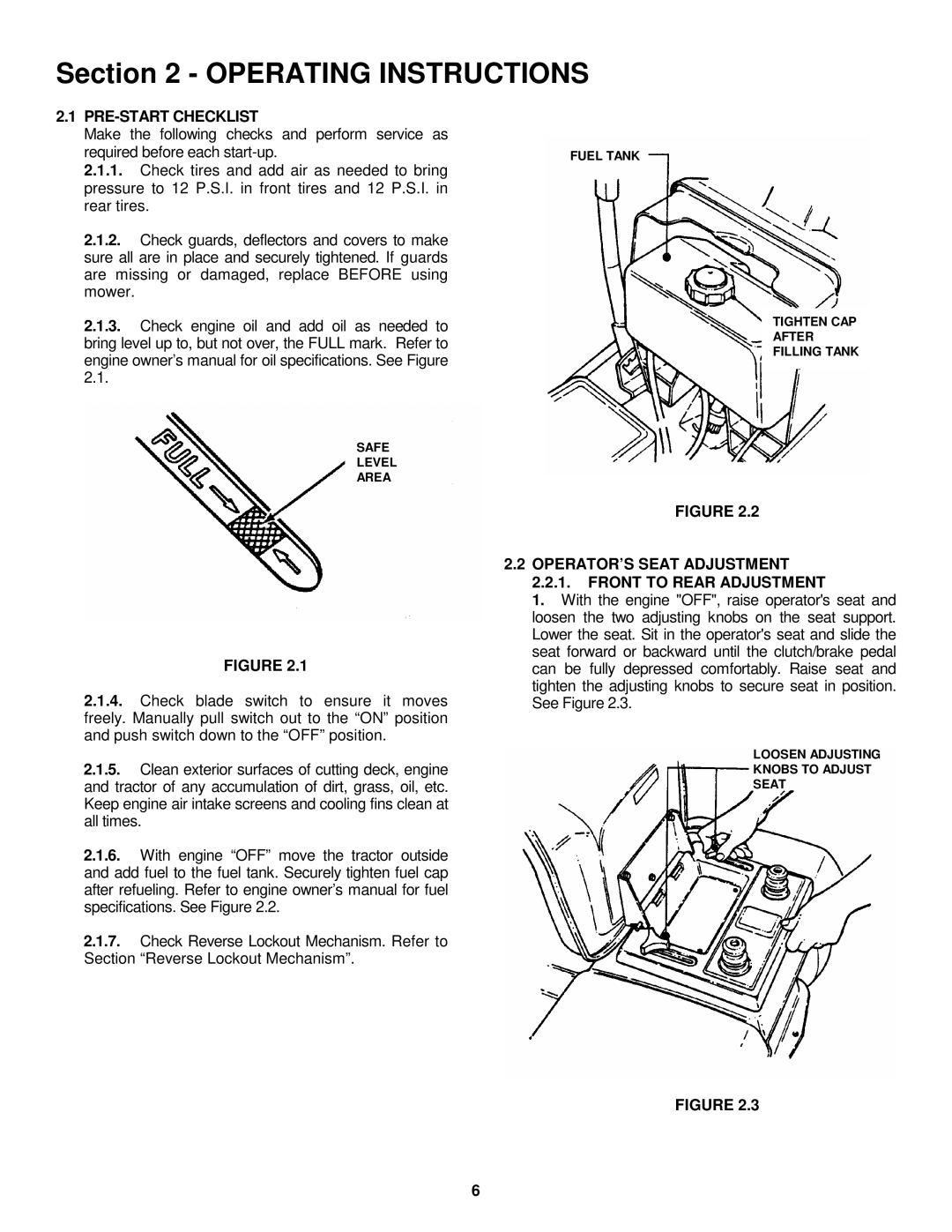 Snapper LT160H42GBV, 2LT160H42GBV2, LT180H48GBV2 PRE-START Checklist, OPERATOR’S Seat Adjustment Front to Rear Adjustment 