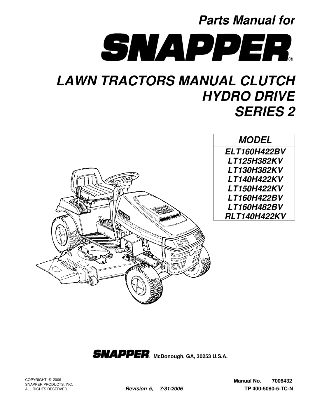 Snapper ELT160H422BV, LT160H482BV, LT150H422KV, LT130H382KV manual Lawn Tractors Manual Clutch Hydro Drive Series 