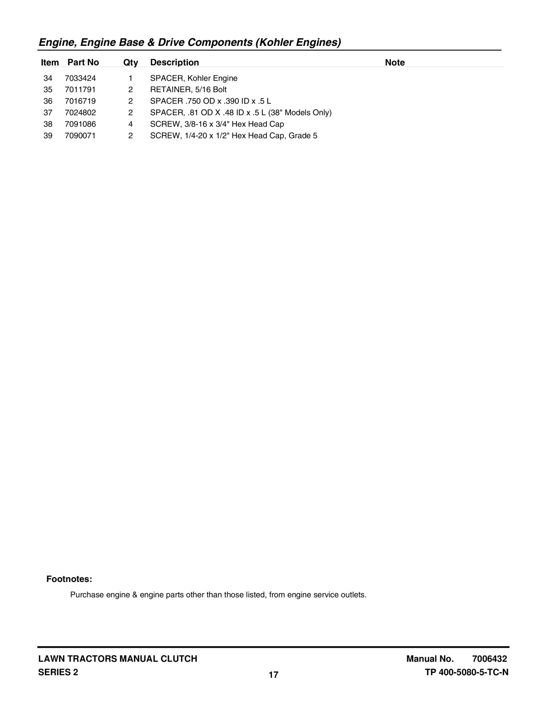 Snapper ELT160H422BV, LT160H482BV, LT150H422KV, LT130H382KV manual Engine, Engine Base & Drive Components Kohler Engines 