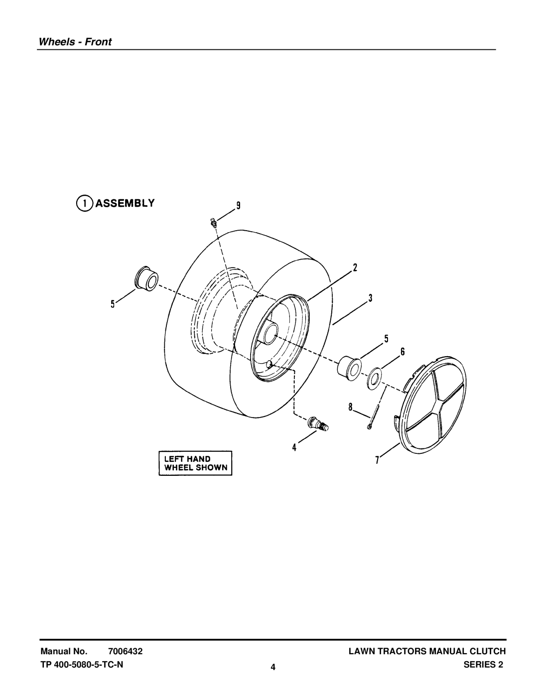 Snapper LT130H382KV, LT160H482BV, ELT160H422BV, LT150H422KV, LT125H382KV, RLT140H422KV manual Wheels Front 