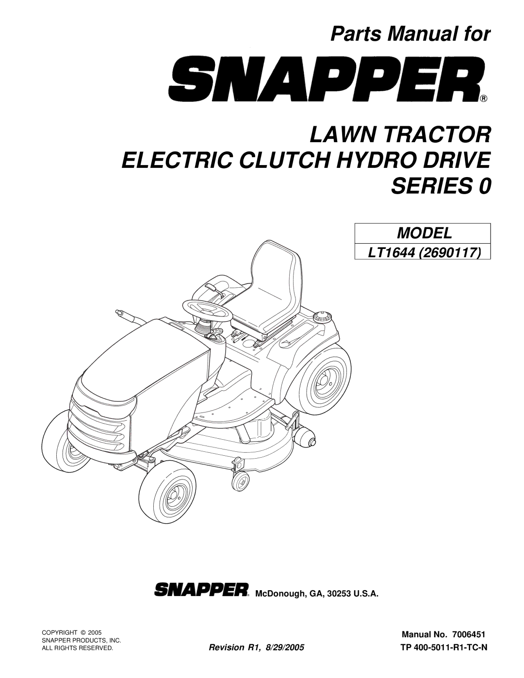 Snapper LT1644 manual Lawn Tractor Electric Clutch Hydro Drive Series 