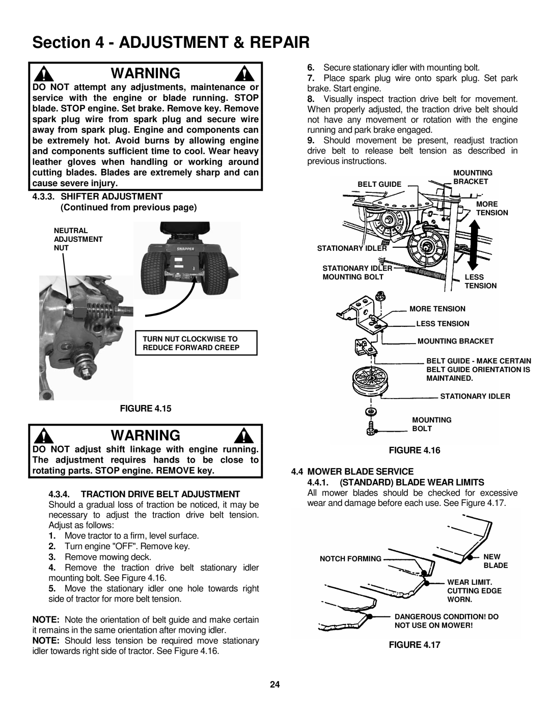 Snapper LT150H38HKV, LT180H33IBV, LT180H38IBV, ELT145H33HBV, LT150H38IBV Mower Blade Service Standard Blade Wear Limits 