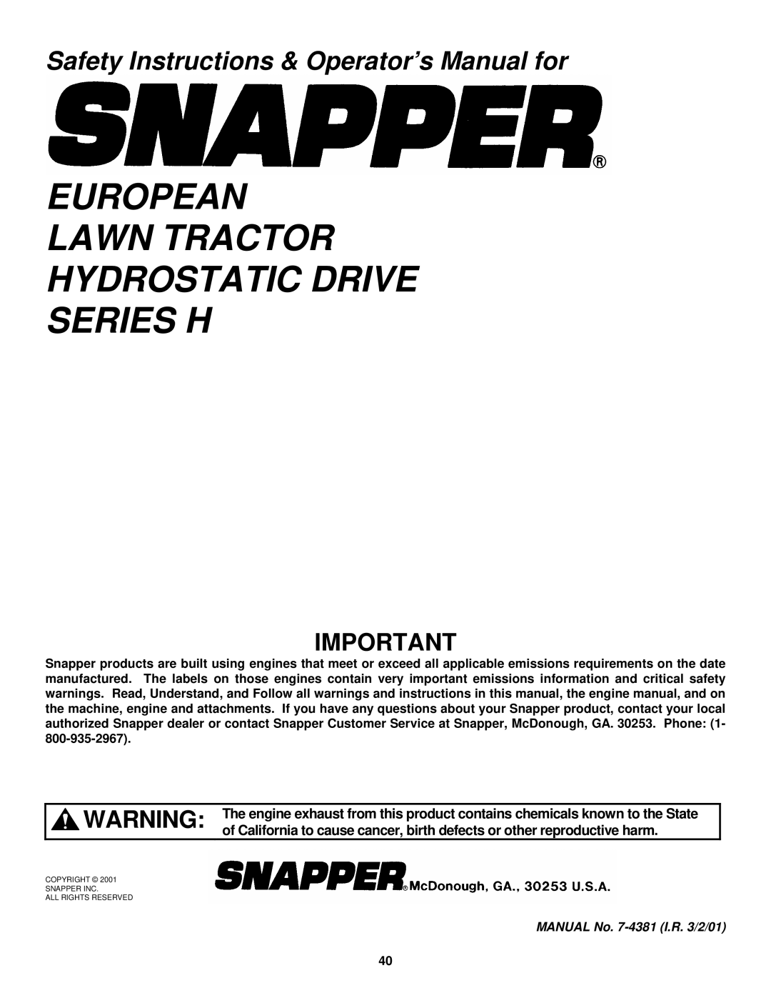 Snapper LT180H33IBV, LT180H38IBV, ELT145H33HBV, LT150H38IBV, LT150H38HKV European Lawn Tractor Hydrostatic Drive Series H 