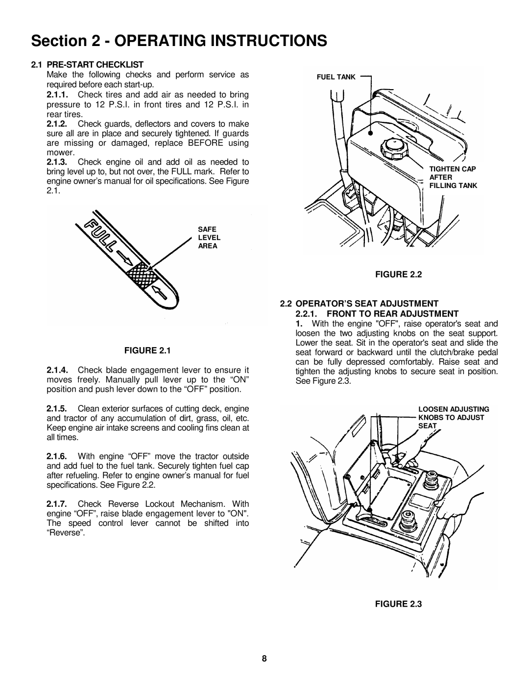 Snapper WLT150H38IBV, LT180H33IBV, LT180H38IBV PRE-START Checklist, OPERATOR’S Seat Adjustment Front to Rear Adjustment 