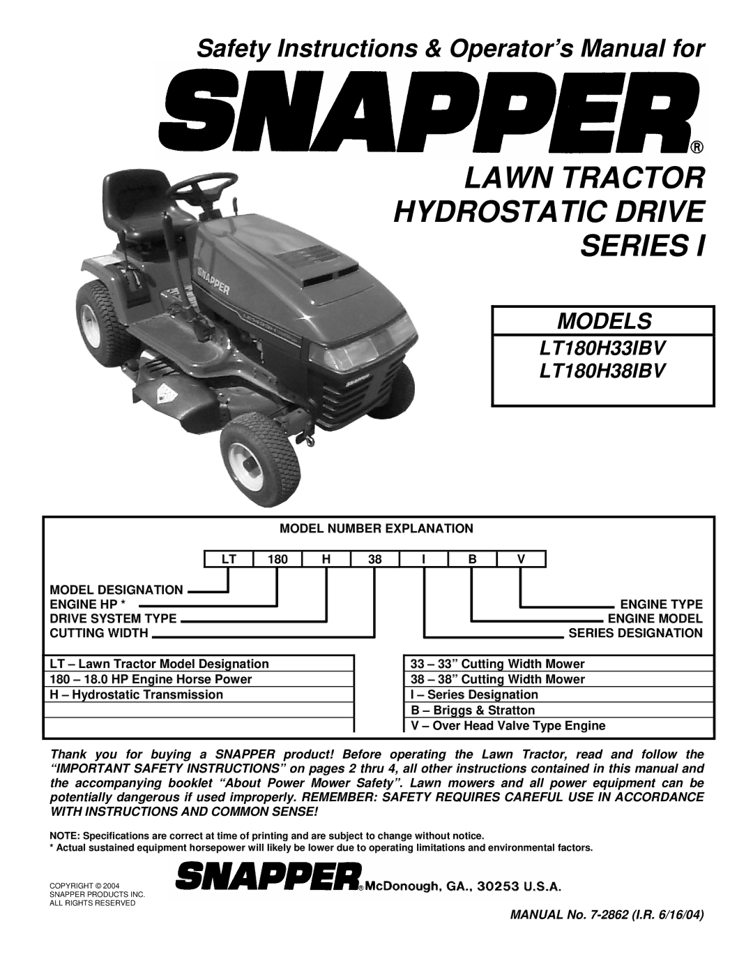 Snapper LT180H33 IBV, LT180H38 IBV important safety instructions Model Number Explanation 