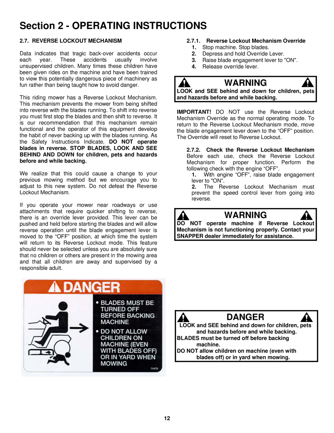 Snapper LT180H38 IBV, LT180H33 IBV important safety instructions Reverse Lockout Mechanism Override 