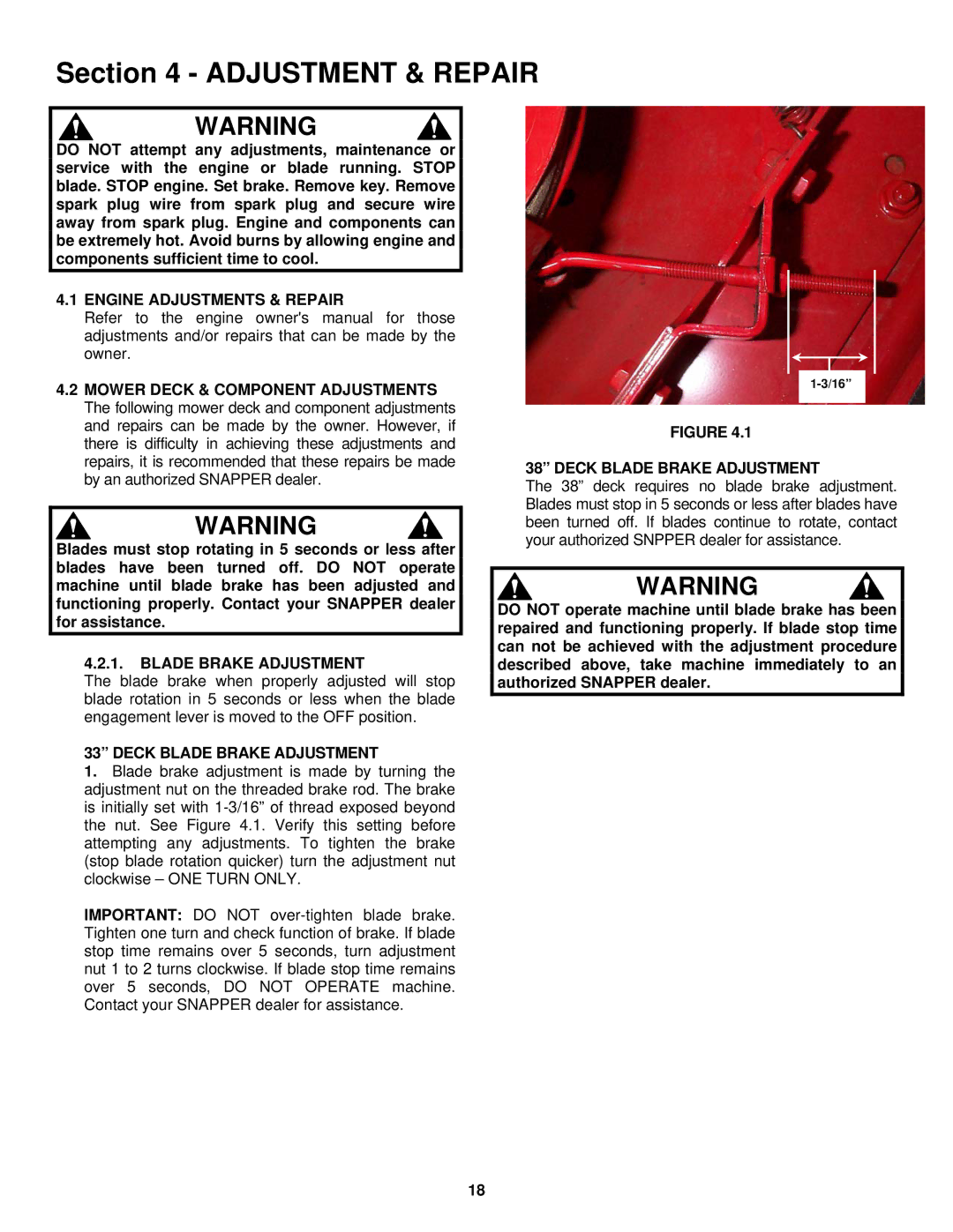 Snapper LT180H38 IBV, LT180H33 IBV Engine Adjustments & Repair, Deck Blade Brake Adjustment 