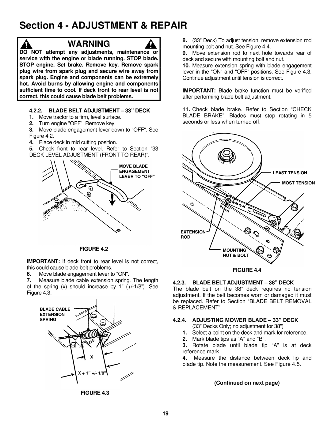 Snapper LT180H33 IBV, LT180H38 IBV Blade Belt Adjustment 33 Deck, Blade Belt Adjustment 38 Deck, On next 