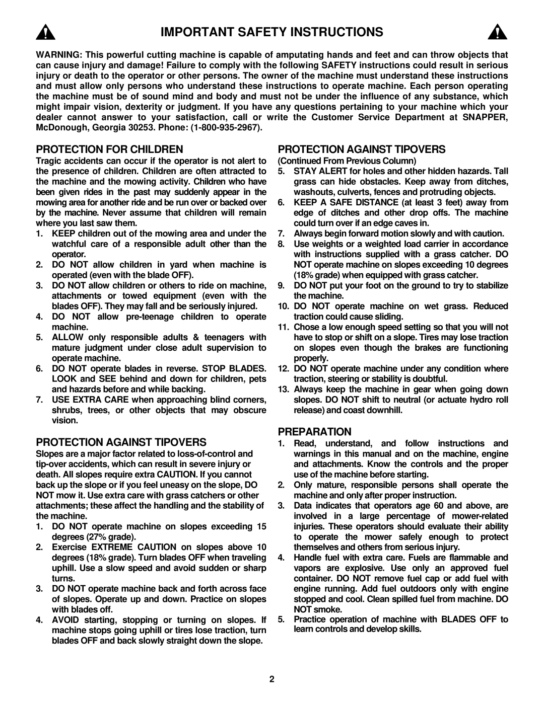 Snapper LT180H38 IBV, LT180H33 IBV important safety instructions Important Safety Instructions, From Previous Column 