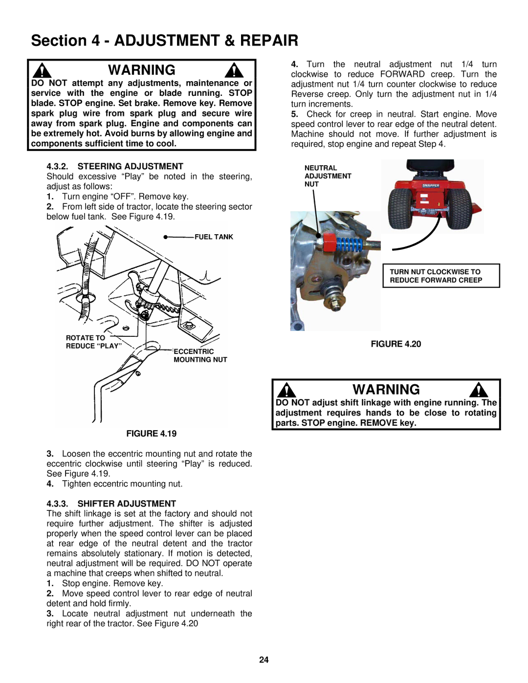 Snapper LT180H38 IBV, LT180H33 IBV important safety instructions Steering Adjustment, Shifter Adjustment 