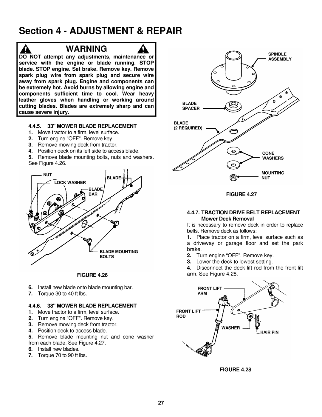 Snapper LT180H33 IBV, LT180H38 IBV Mower Blade Replacement, Traction Drive Belt Replacement Mower Deck Removal 