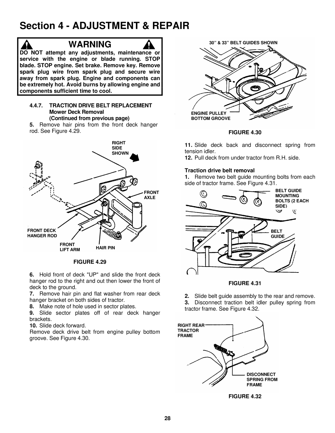 Snapper LT180H38 IBV, LT180H33 IBV important safety instructions Traction drive belt removal 