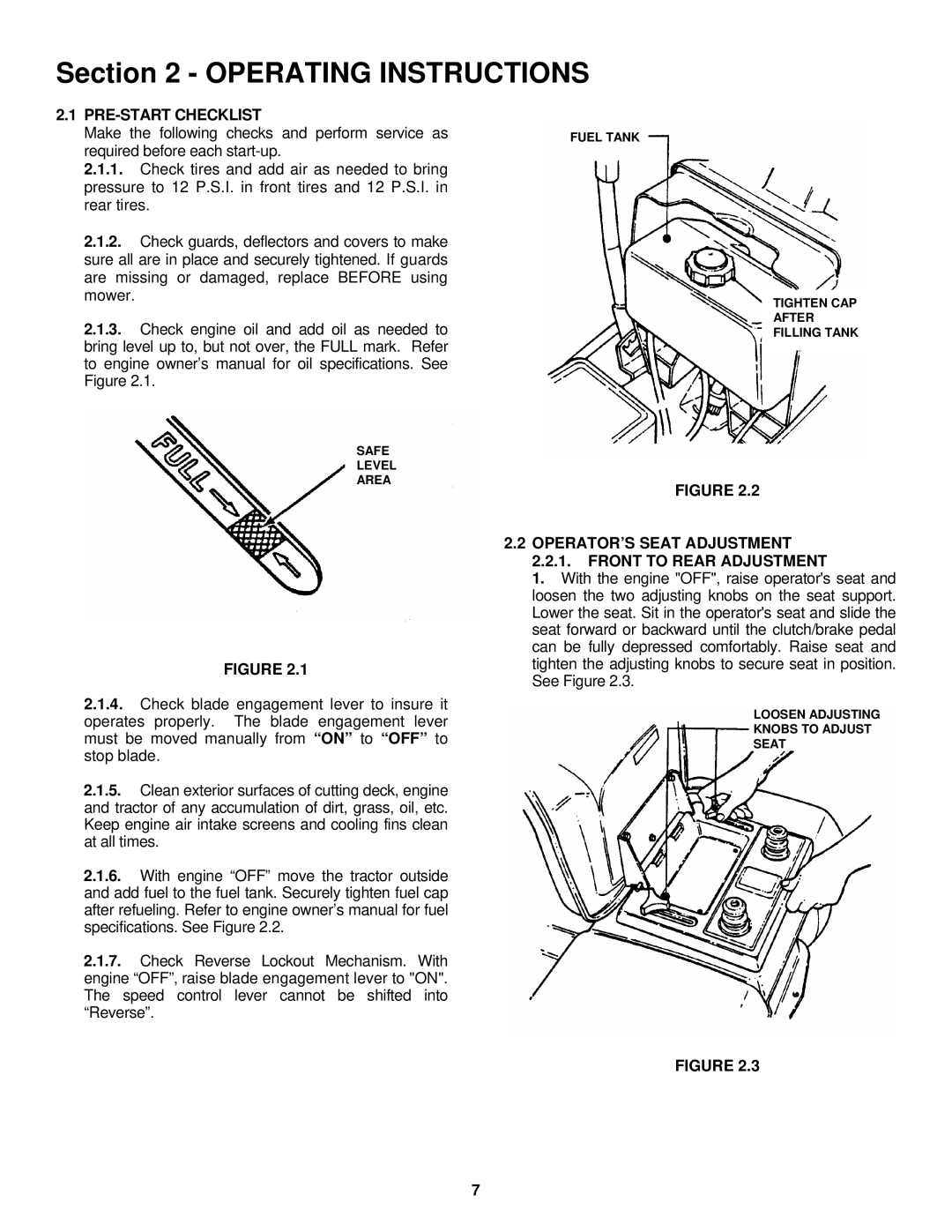 Snapper LT180H33 IBV, LT180H38 IBV PRE-START Checklist, OPERATOR’S Seat Adjustment Front to Rear Adjustment 