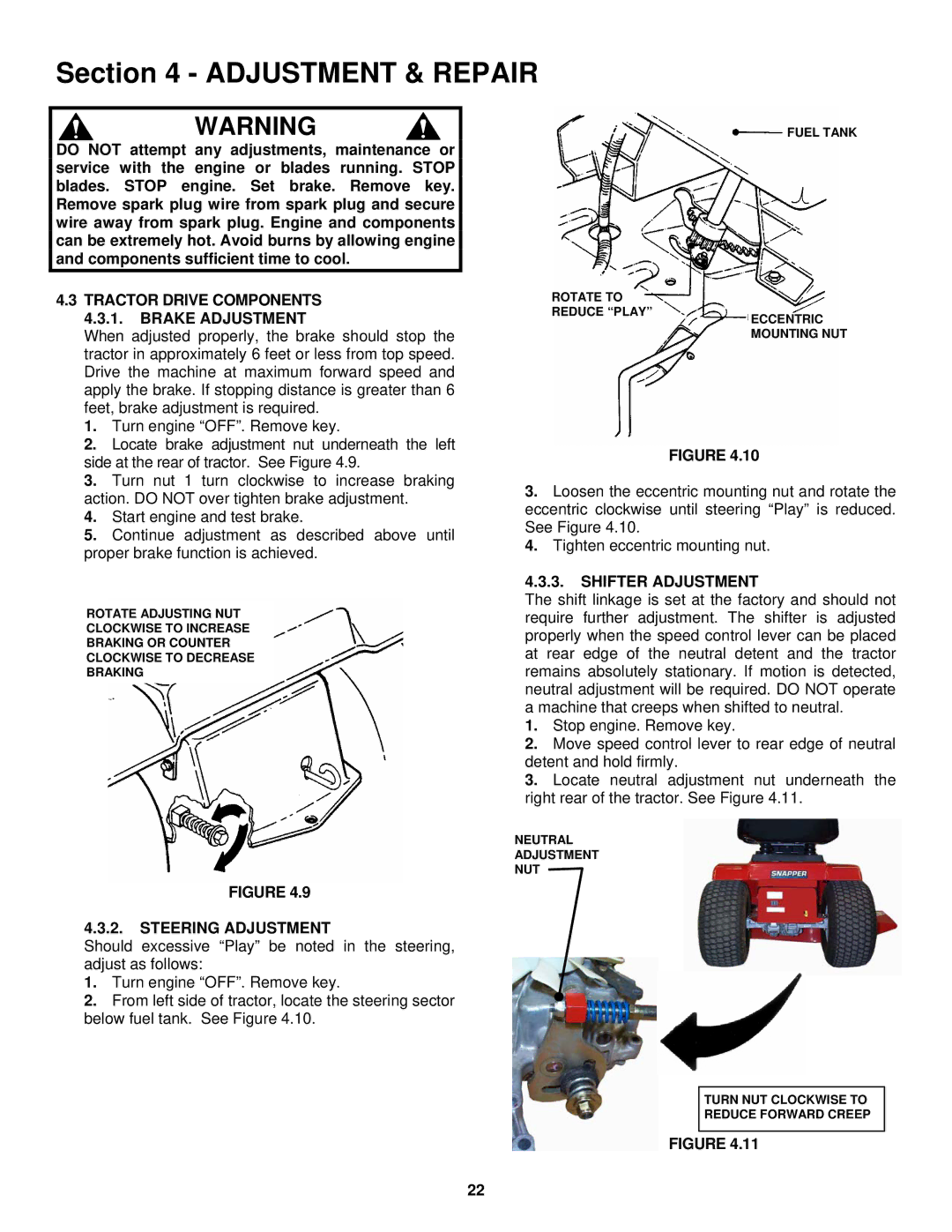 Snapper LT180H42IBV, LT200H42IBV2, LT200H48IBV2 Tractor Drive Components Brake Adjustment, Steering Adjustment 