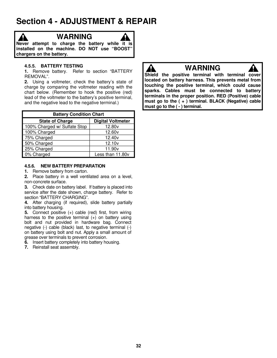 Snapper LT180H42IBV, LT200H42IBV2, LT200H48IBV2 Battery Testing, Battery Condition Chart State of Charge Digital Voltmeter 