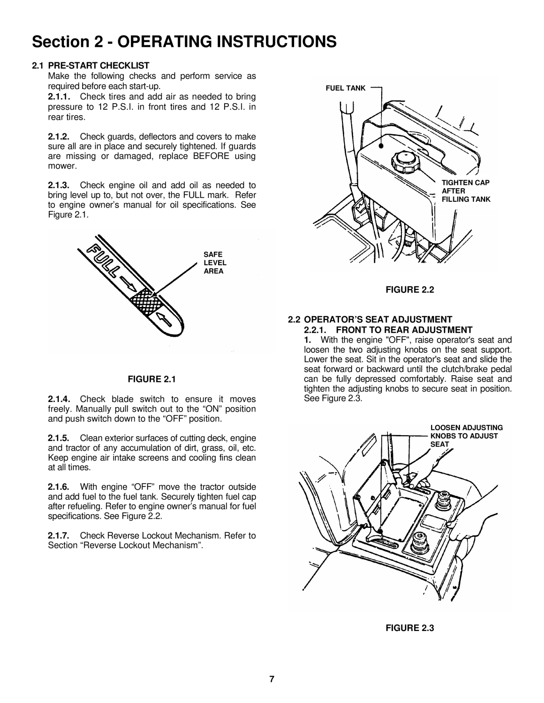 Snapper LT180H42IBV2, LT200H42IBV2, LT200H48IBV2 PRE-START Checklist, OPERATOR’S Seat Adjustment Front to Rear Adjustment 