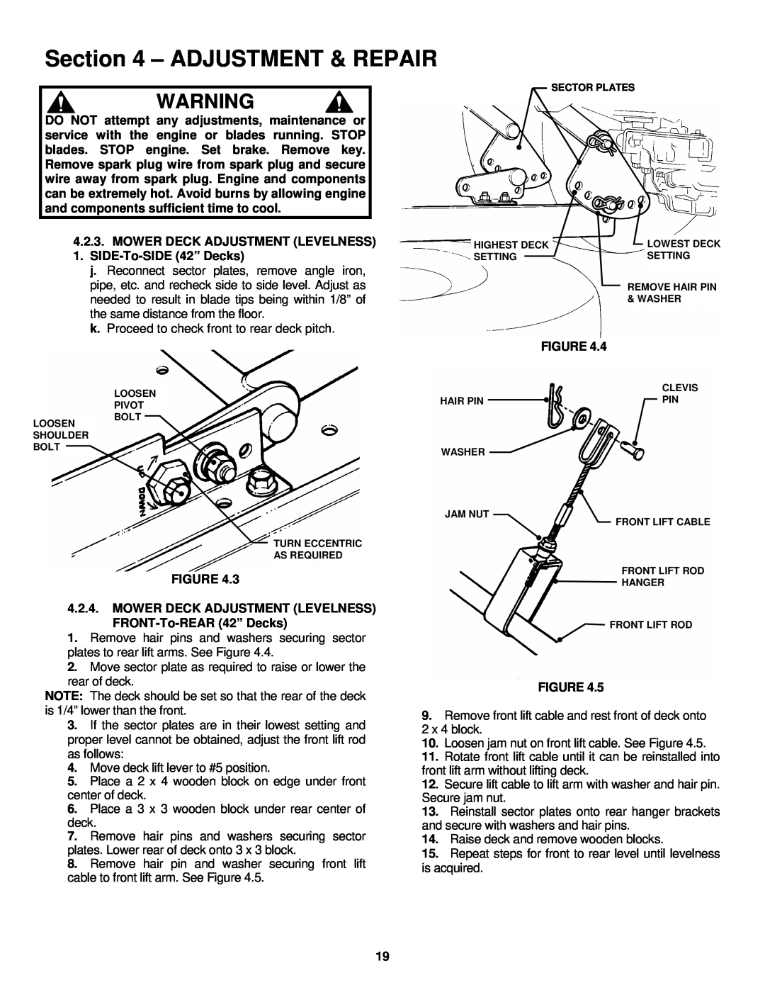 Snapper LT180H42IBV2, LT200H42IBV2, LT200H48IBV2 Adjustment & Repair, k. Proceed to check front to rear deck pitch 