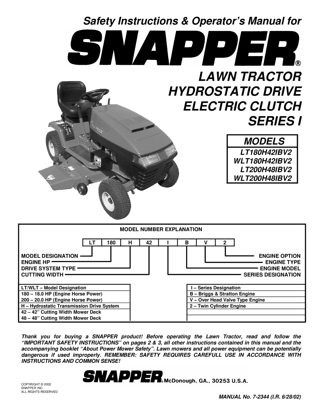 Snapper LT180H42IBV2, WLT180H42IBV2, LT200H48IBV2, WLT200H48IBV2 important safety instructions Model Number Explanation 