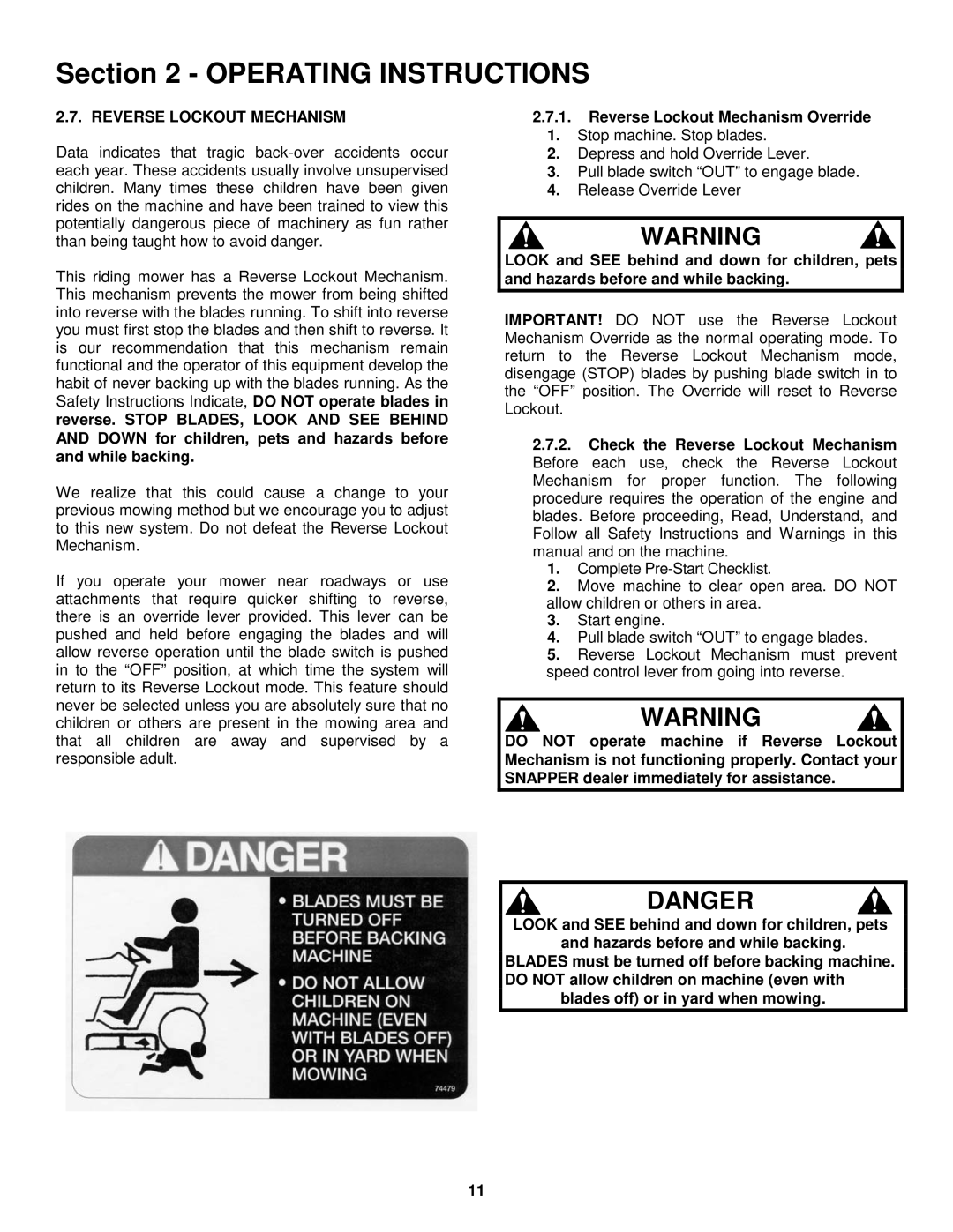 Snapper LT180H42IBV2, WLT180H42IBV2, LT200H48IBV2, WLT200H48IBV2 important safety instructions Reverse Lockout Mechanism 