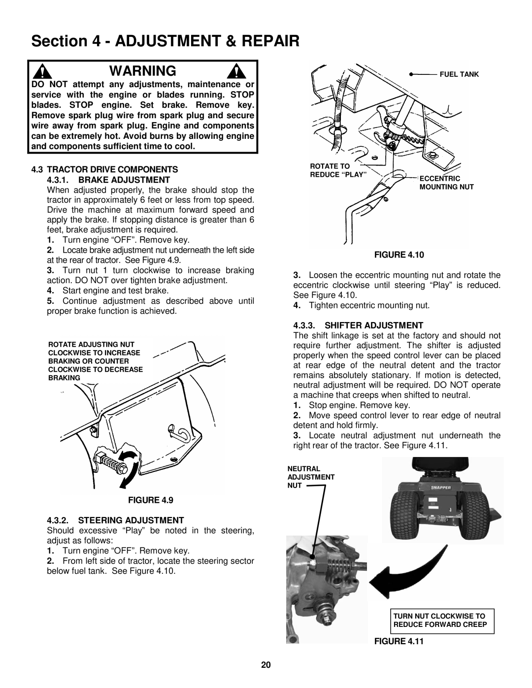 Snapper LT180H42IBV2, WLT180H42IBV2, LT200H48IBV2, WLT200H48IBV2 Tractor Drive Components Brake Adjustment 