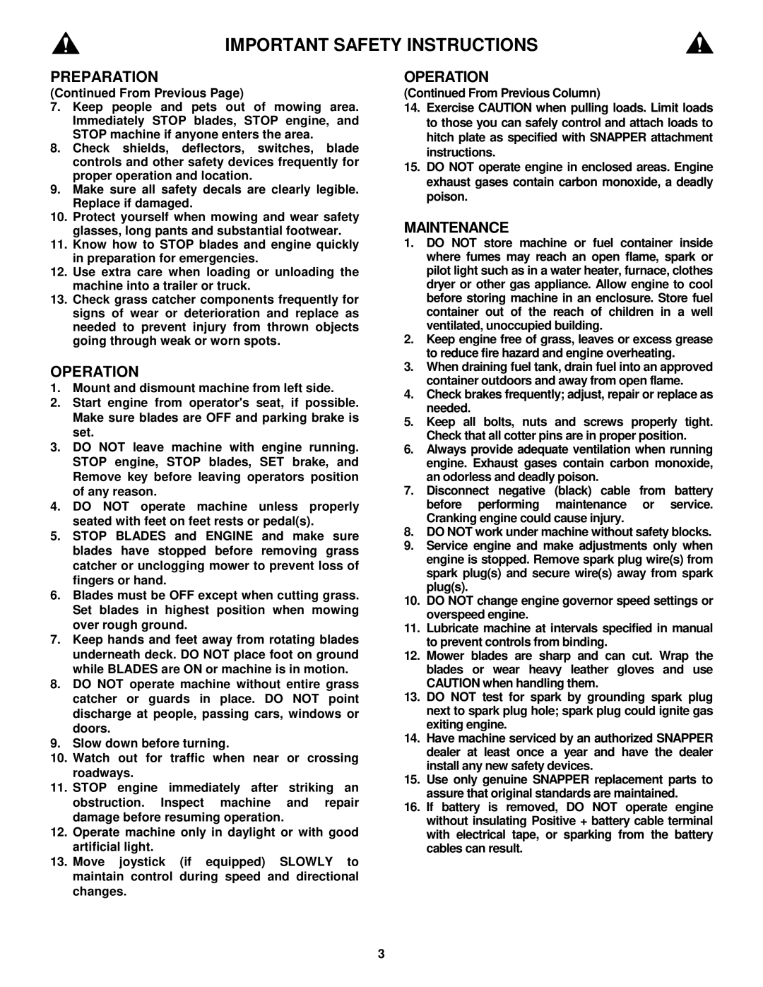 Snapper LT180H42IBV2, WLT180H42IBV2, LT200H48IBV2, WLT200H48IBV2 important safety instructions Operation 