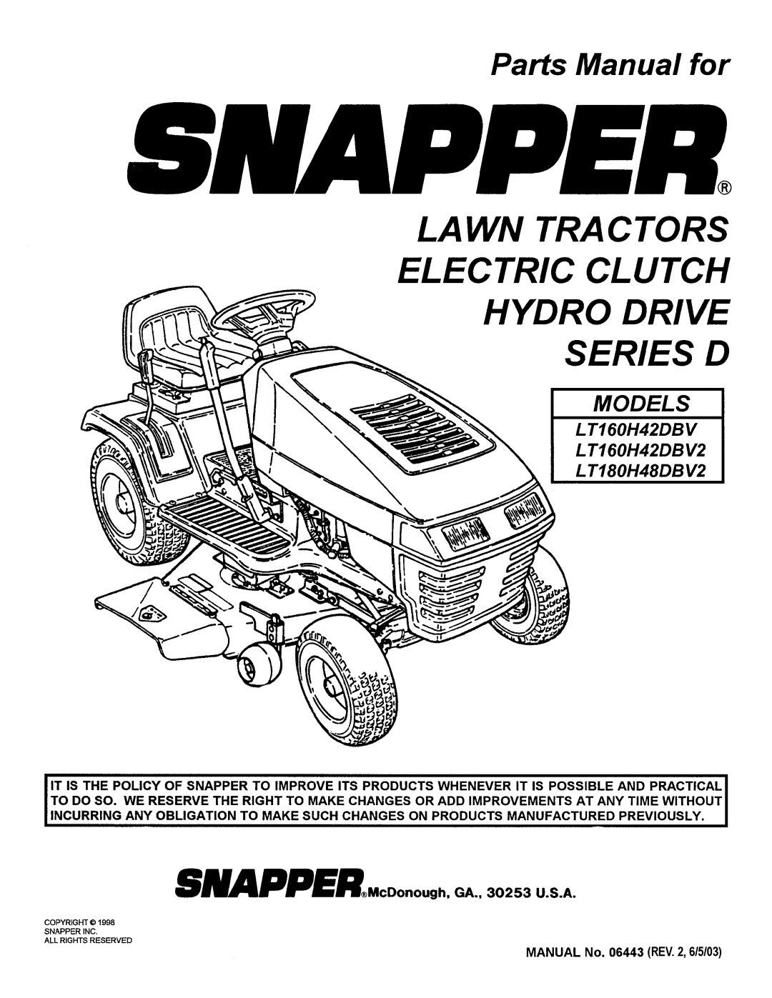 Snapper LT160H42DBV, LT180H48DBV2, LT160H42dbv2 manual 