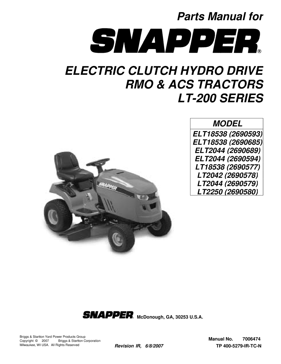 Snapper ELT2044 (2690594), LT18538 (2690577), ELT18538 manual Electric Clutch Hydro Drive RMO & ACS Tractors LT-200 Series 