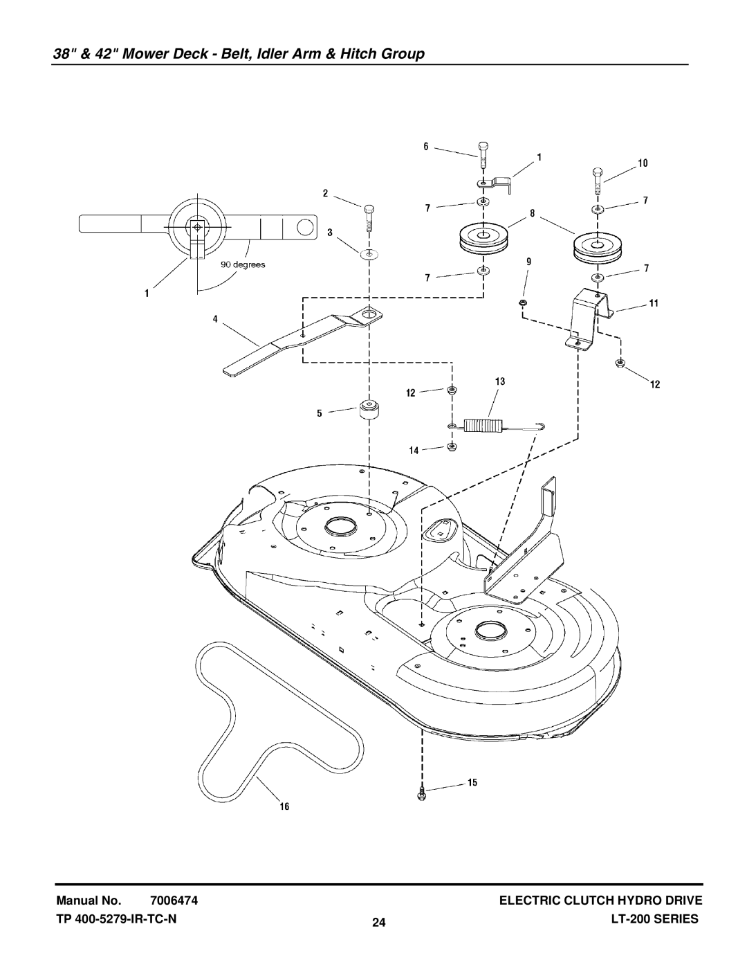 Snapper LT18538 (2690577), ELT2044 (2690594), ELT18538 (2690593) manual 38 & 42 Mower Deck Belt, Idler Arm & Hitch Group 