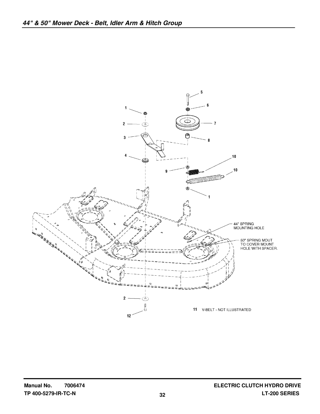 Snapper ELT18538 (2690593), LT18538 (2690577), ELT2044 (2690594) manual 44 & 50 Mower Deck Belt, Idler Arm & Hitch Group 